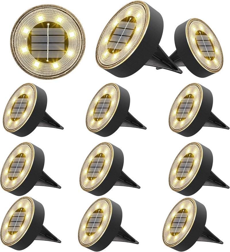 Joomer Solar Ground Lights, 12 Pack 8 LED Solar Lights Outdoor Waterproof IP68 Disc Light Landscape Lighting Garden Light for Patio Pathway Lawn Yard Driveway Walkway(Warm White) - Image 1
